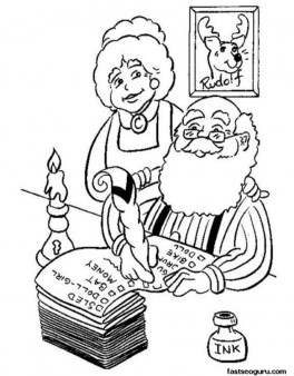 Print out coloring pages Santa Claus watching wishlist