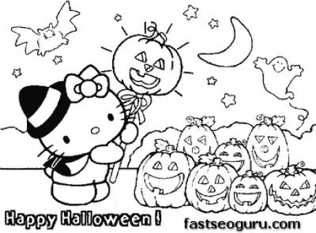 Printable hello kitty Halloween with pumpkins coloring page