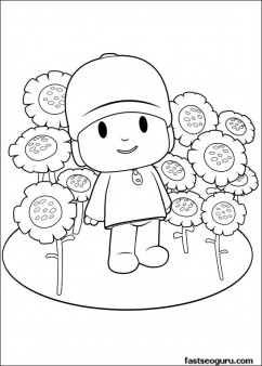Printable coloring pages for kids Pocoyo with flowers