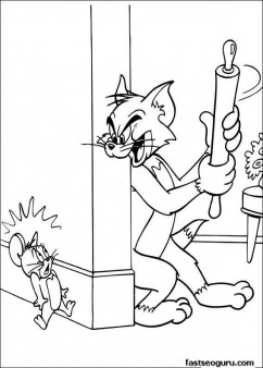 Printable Tom And Jerry are fighting coloring page for kids