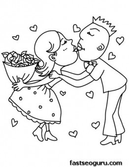 Printable Valentine girls and boy Couple in love coloring page for kids