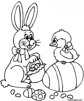 PrintableEaster Bunny With Basket And Chick Coloring Page