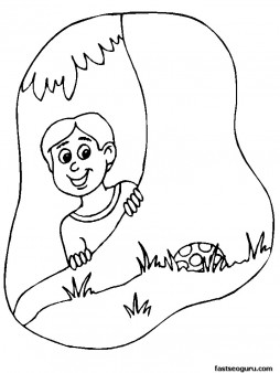 Printable happy Easter boy hunting for eggs coloring pages