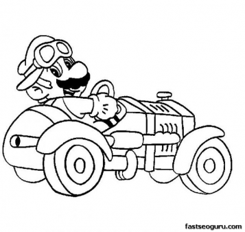 Printable Cartoon Super Mario with super car coloring page