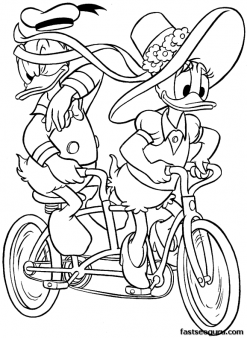Printable Disney Daisy Duck and Donald Duck bicycle coloring pages