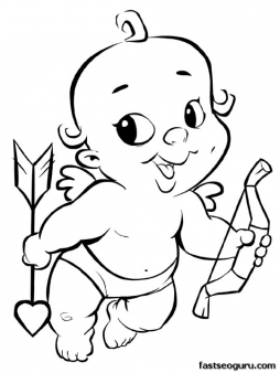 Printable Smiling cupid with heart Valentines Day coloring page
