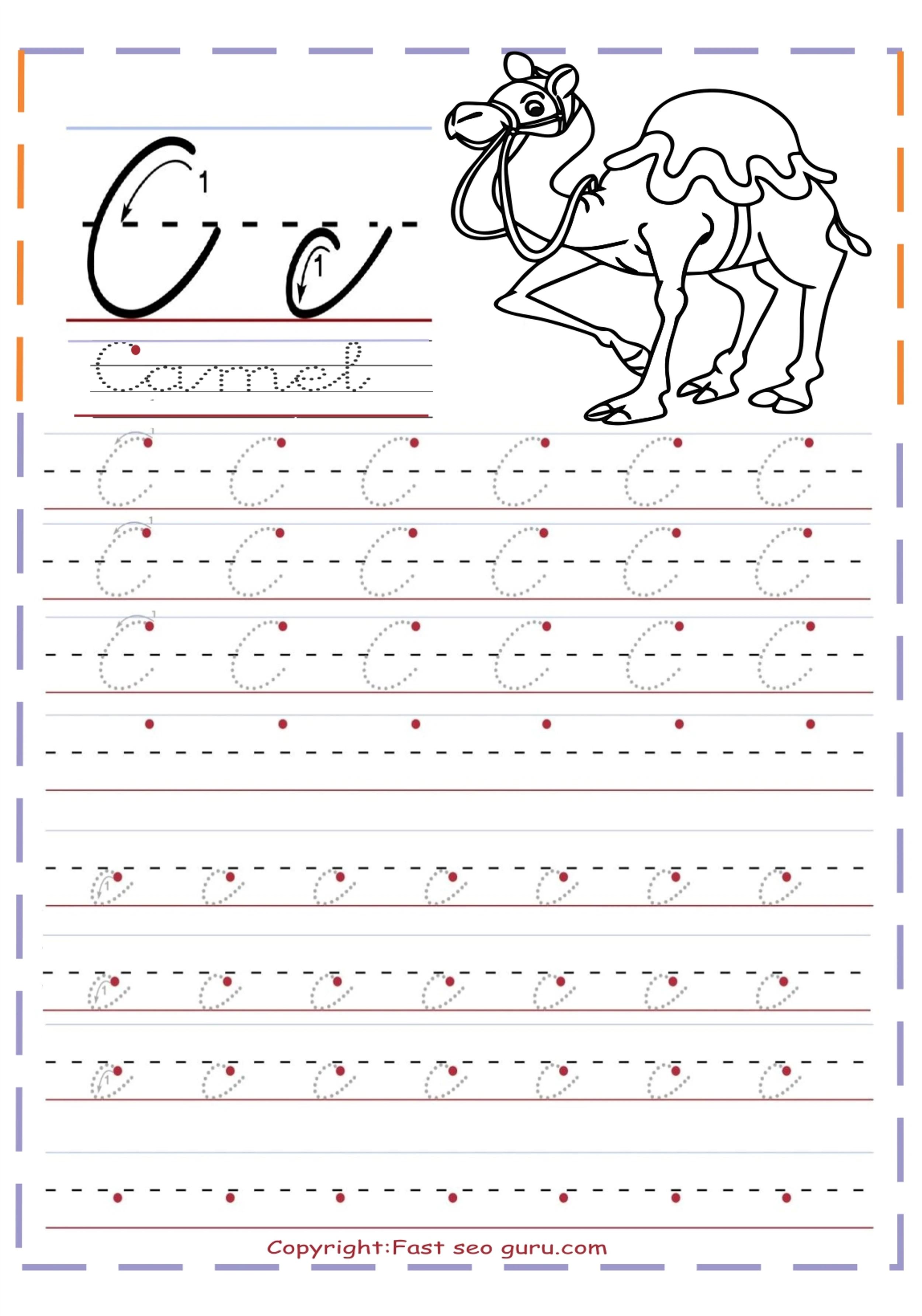 Printable cursive tracing handwriting practice worksheets letter C ...